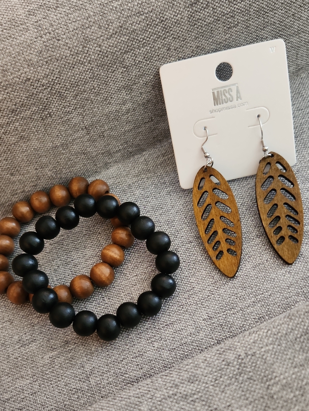 Boho Miss A Wooden Leaf Earrings With Beaded Bracelets